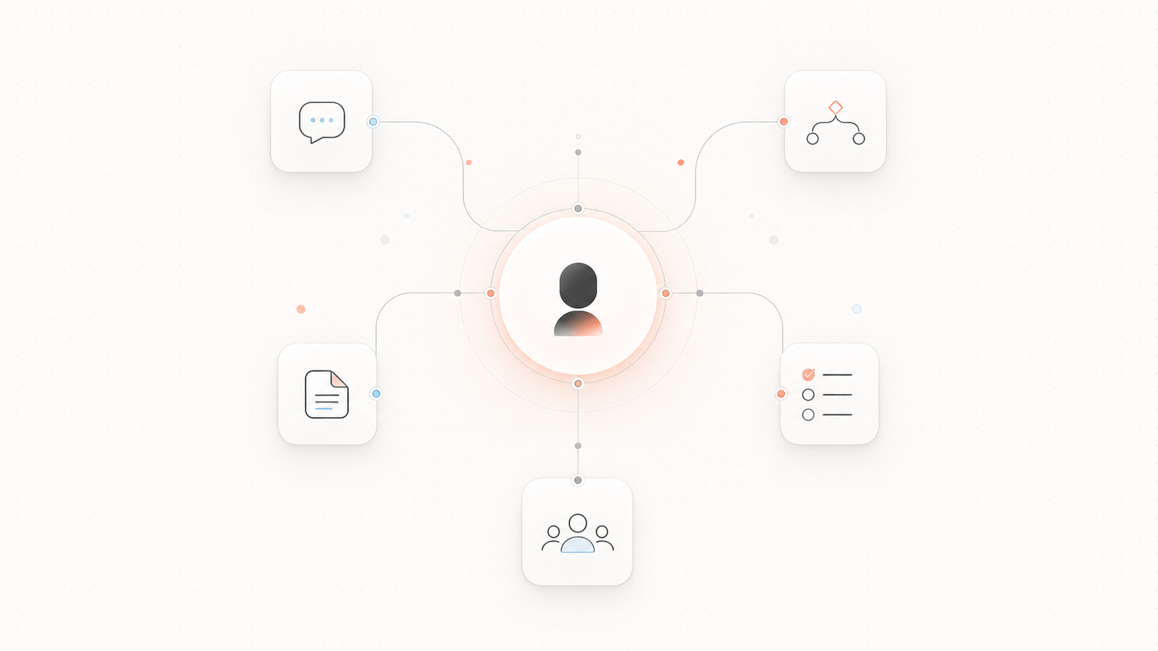 A person at the center of connected conversations, workflows, documents, and team activity